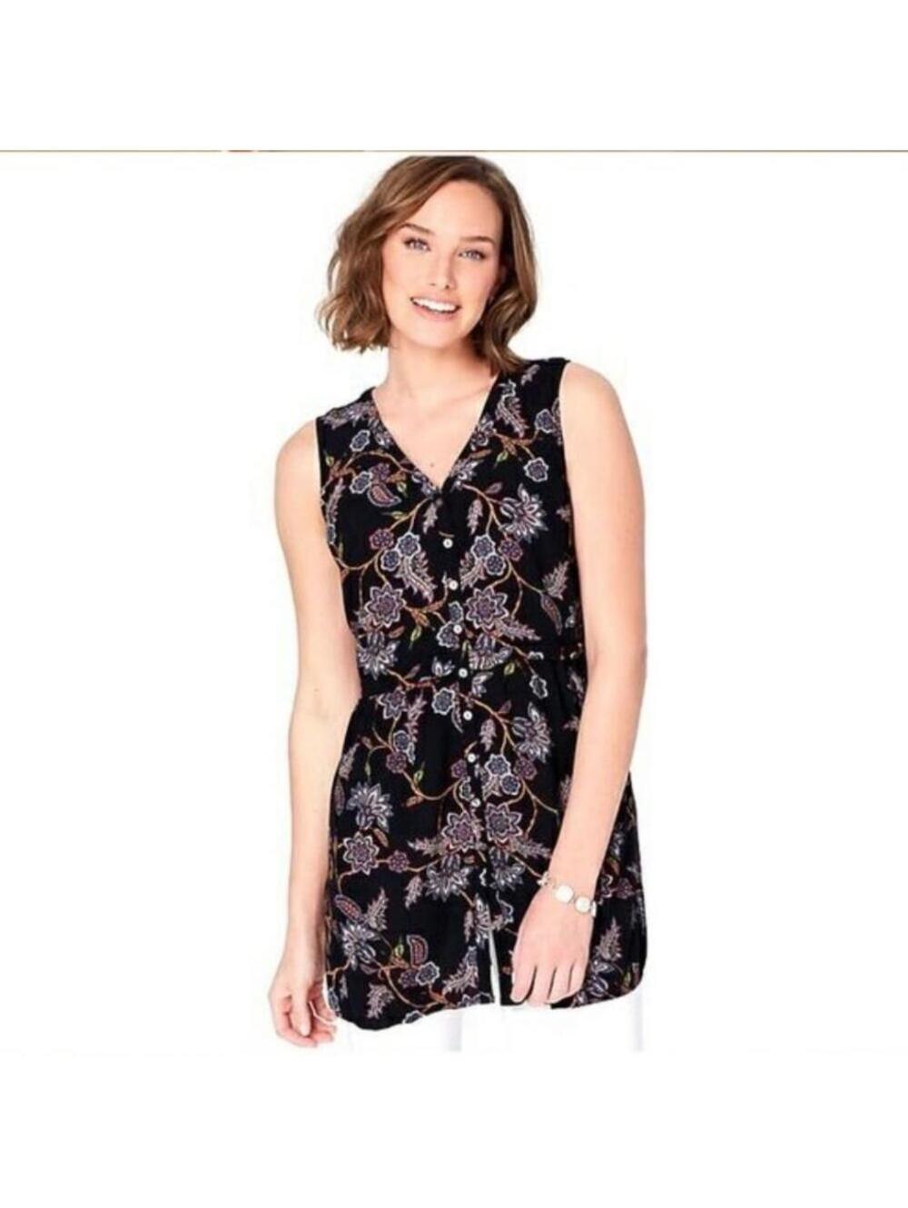 J. Jill Sleeveless Button Down Tunic Top Black Floral Size Large
